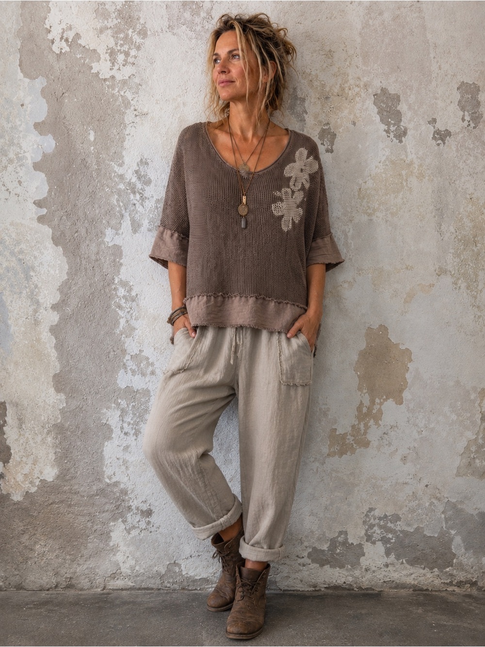 Alina's exclusives lagenlook top Beige Open-Knit 100% Cotton distressed  sz Lg